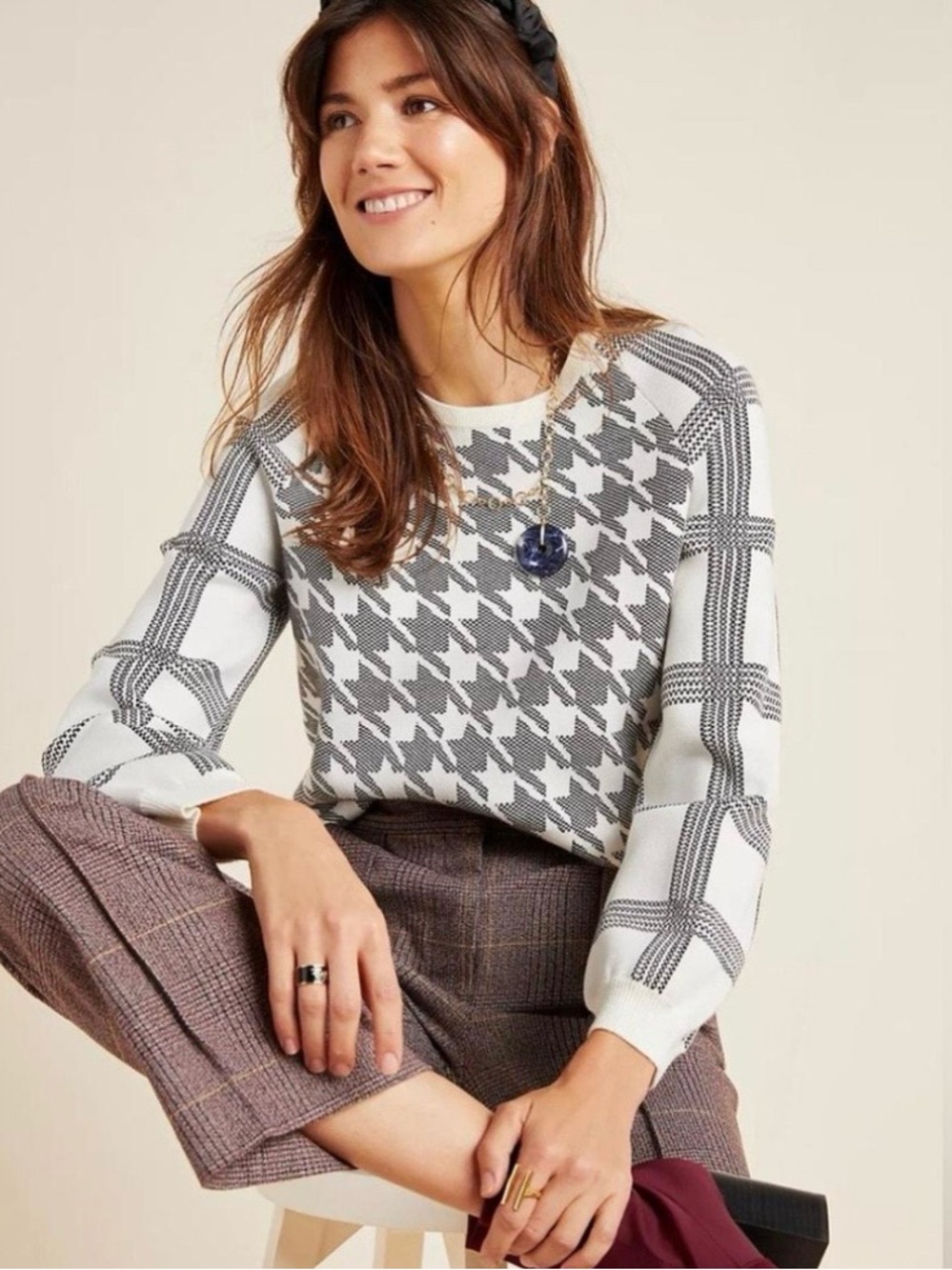 Anthropologie White and Black Houndstooth Crewneck Sweater